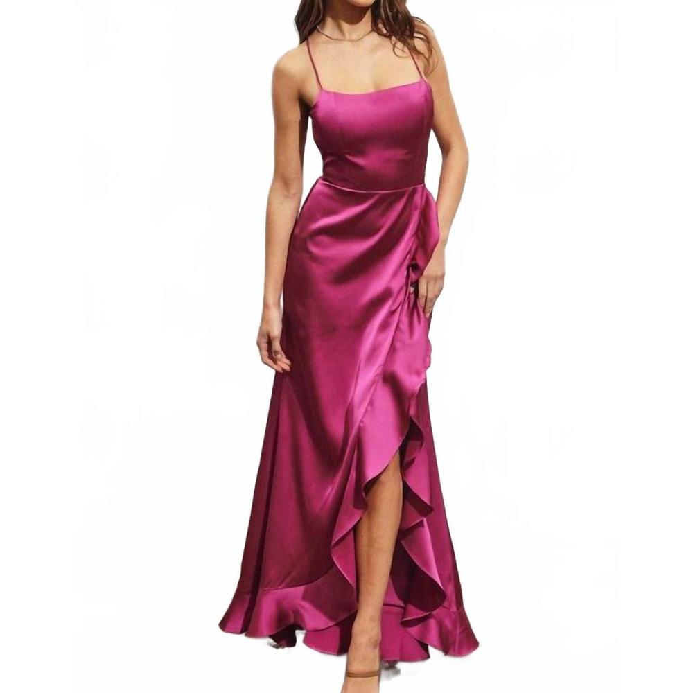 NEW DRESS FORUM sexy satin ruched high split maxi dress in fuschia